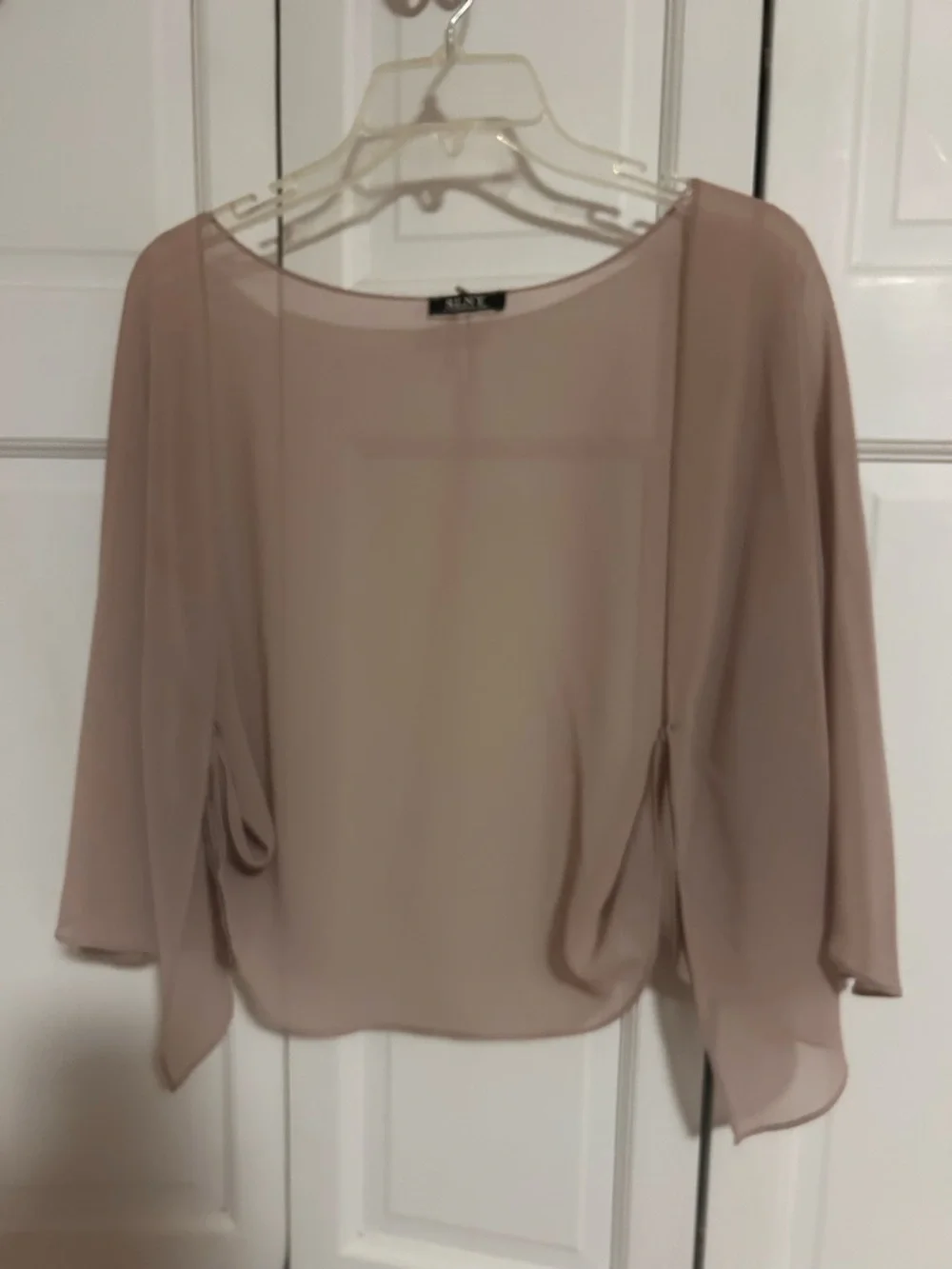 SLNY Sheer Shrug For Dressy Occasions in Nude Blush-Button Option for Sleeves - Picture 2 of 10